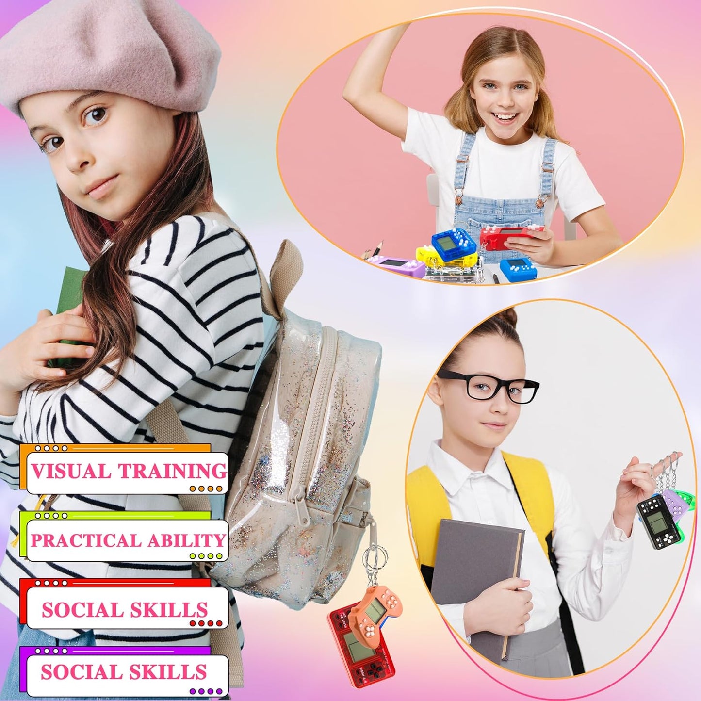 36 Pack Video Game Keychain Mini Square Handheld Video Game Key Chain for Kids Birthday Video Game Party Favors