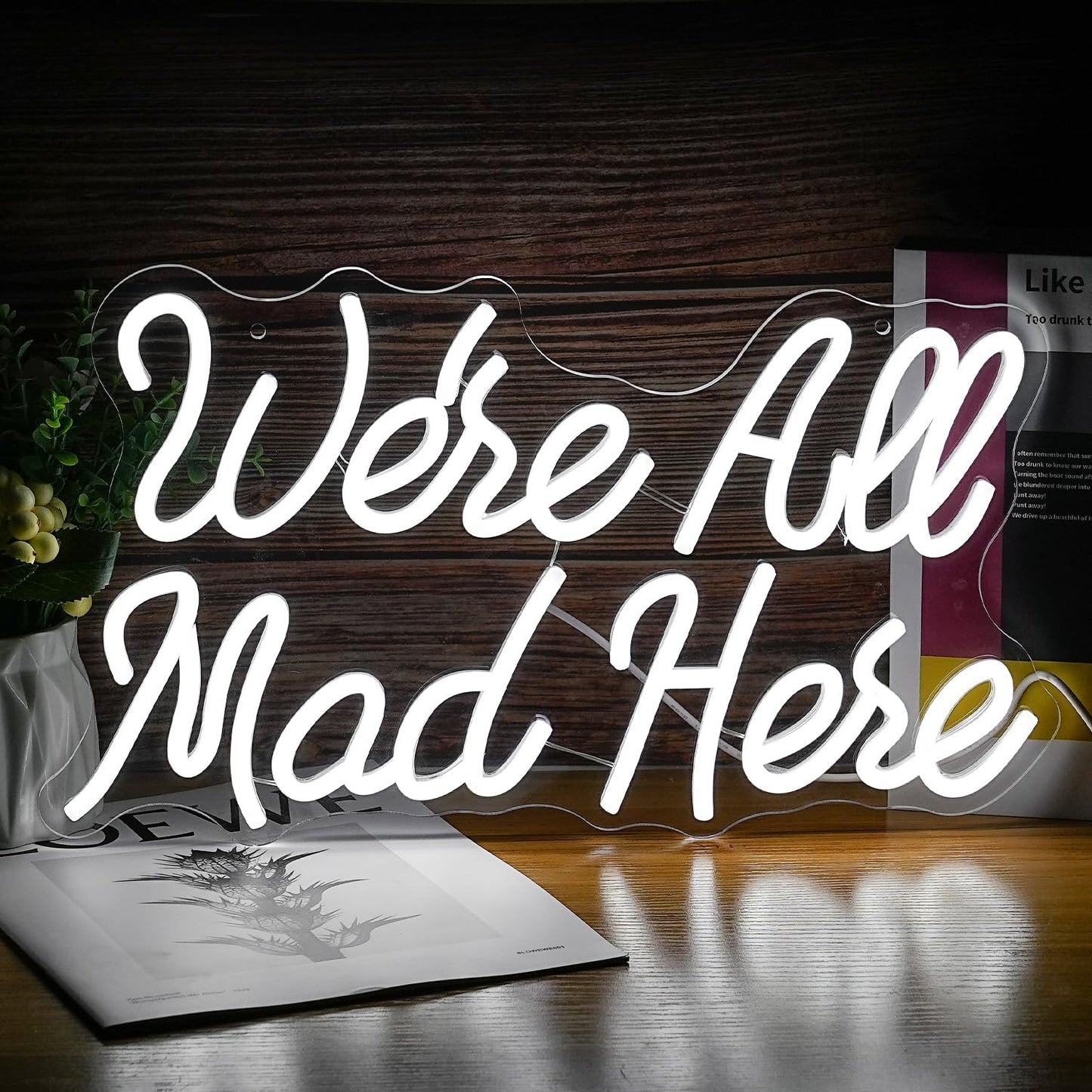 We Are All Mad Here Neon Sign Letter LED Neon Lights Dimmable USB Powered 16.5’’X9.4’’Cool Wall Decorative Light Bedroom Bar Birthday Party Decoration Gifts （White）