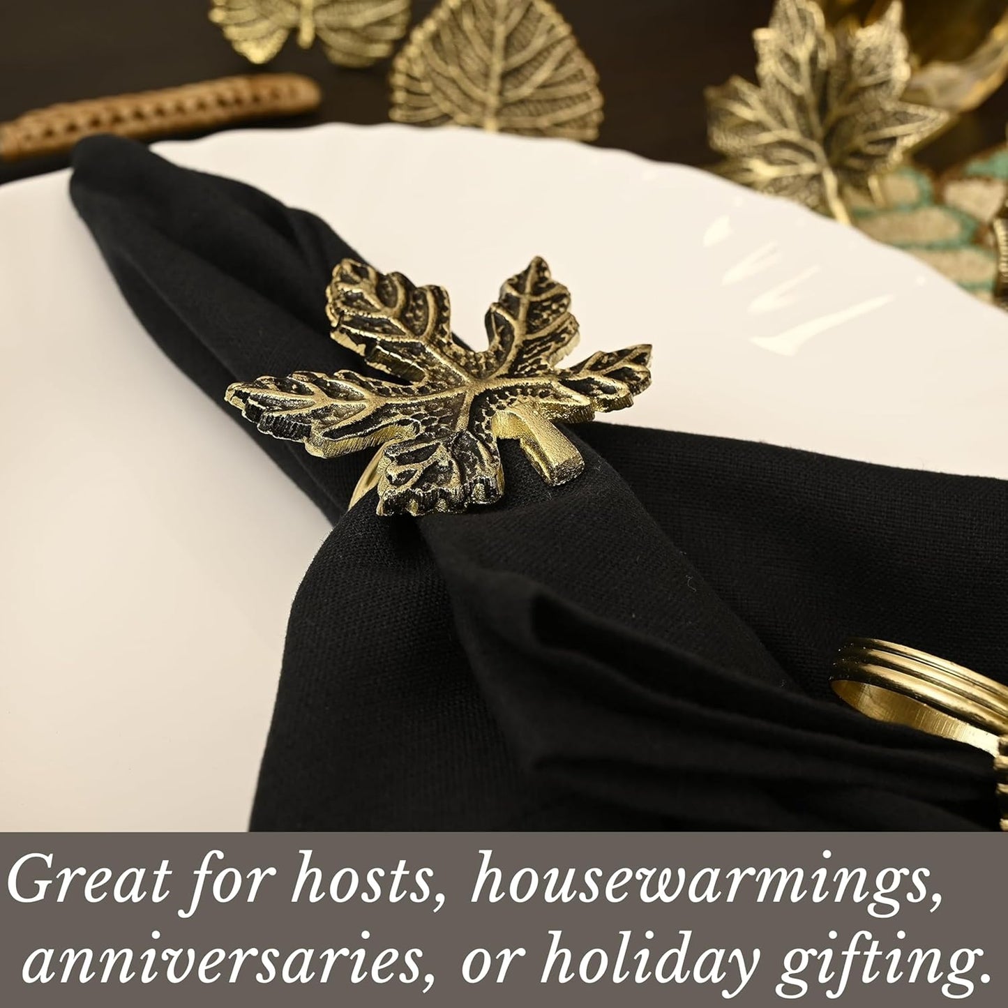 6-Piece Metal Napkin Rings - Antique Gold Harvest Leaf Napkin Rings - Decorative Table Accents for Holiday Party, Dinner, Family Gatherings, Table Décor Weddings & Everyday Use - ALPHA Living HOME