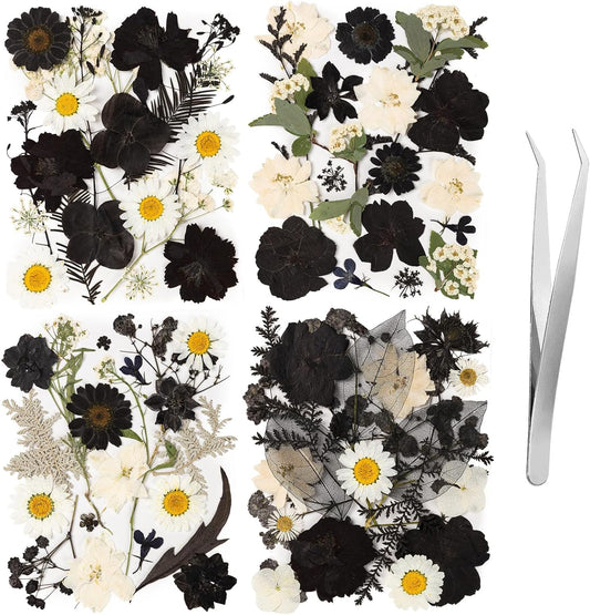 78 Pcs Black and White Dried Pressed Flowers with Tweezer, Halloween Themed Real Dried Flowers Leaves for DIY Crafts Resin Molds, Dried Flowers for Autumn Halloween Decorations
