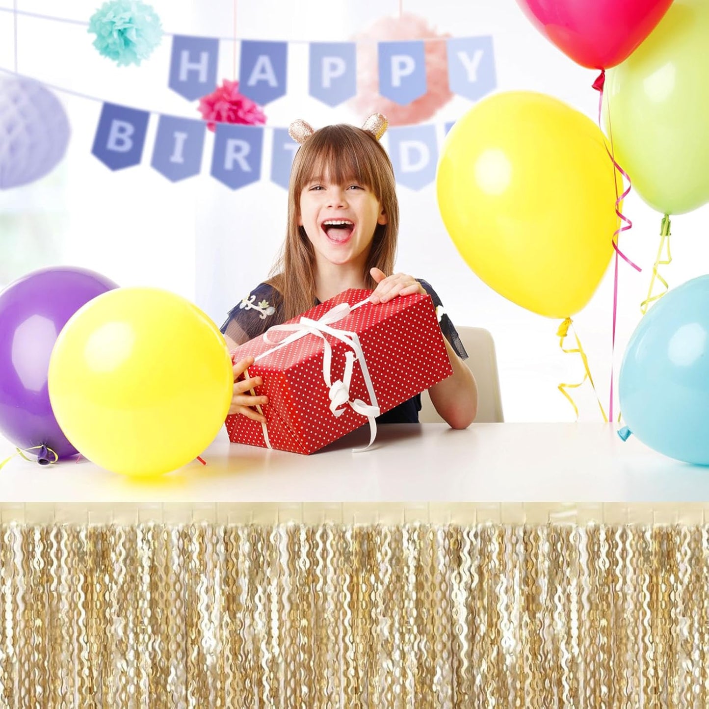 6 Pack 29 x108 Inch Champagne Gold Wave Foil Fringe Table Skirts Metallic Banner for Tinsel Streamer Garland Backdrop for Parade Floats, Mother's Day, Easter, Wedding, Birthday Party Decoration