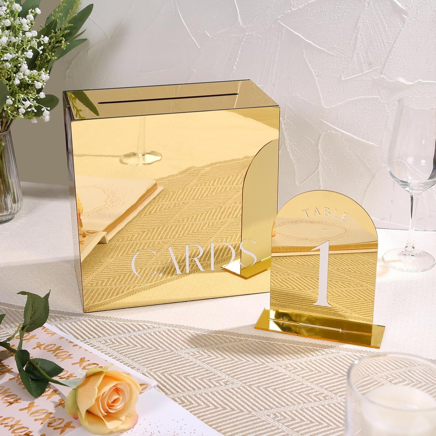 UNIQOOO Gold Mirror Arch Wedding Table Numbers with Stands 1-15, 5x7 Acrylic Display Signs and Holders, Pack of 15, Perfect for Centerpiece, Reception, Decoration, Party, Anniversary, Event