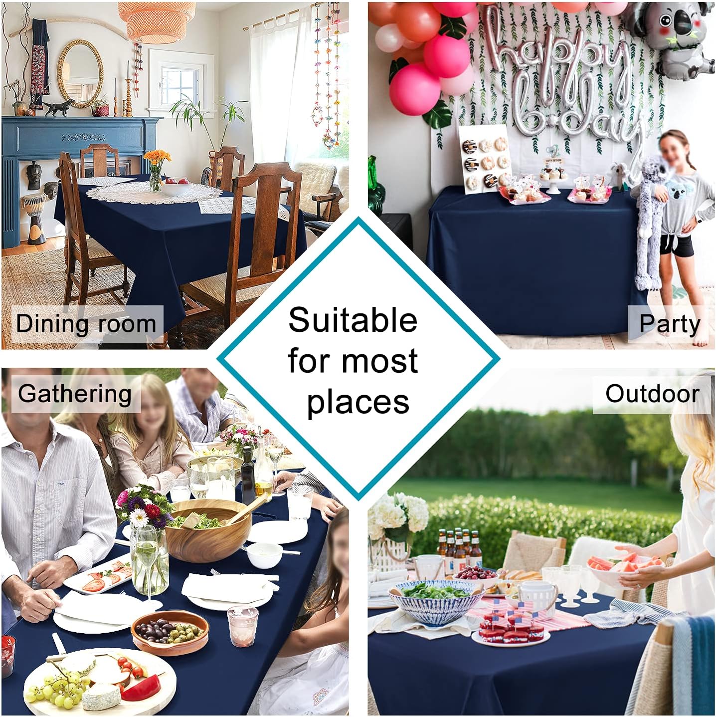 Hiasan Navy Blue Tablecloth for Rectangle Tables - Waterproof and Spillproof Washable Fabric Table Cloth for Dining Room Kitchen Party, 60 x 120 Inch