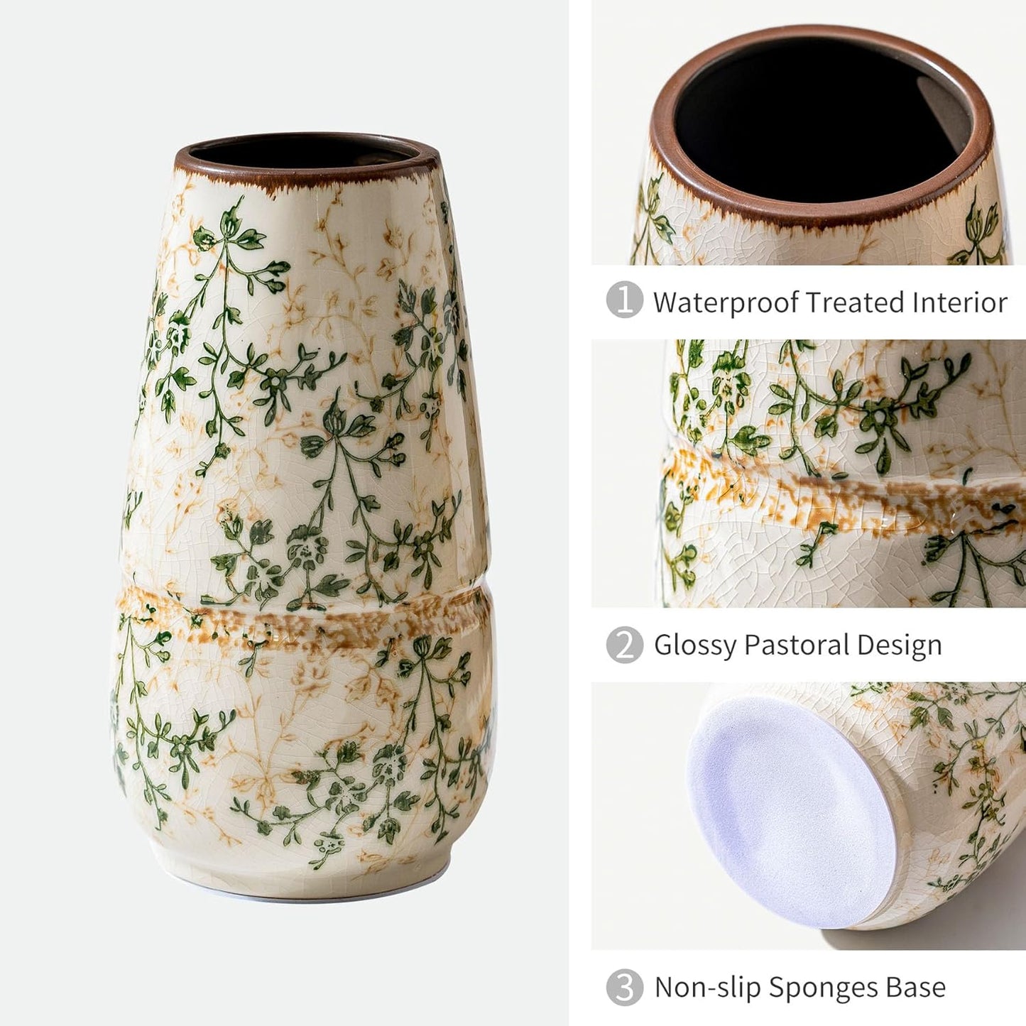 Vintage Green and Beige Vase, Large Round Ceramic Floral Vases, Retro Ice Cracked Chinoiserie Vase for Home Decor, Living Room, Bookshelf, Office, Bedroom and Shelf, Rustic Table Centerpiece 10 Inch