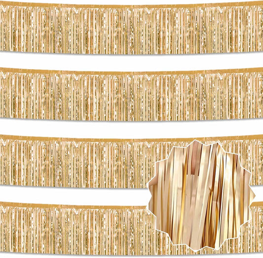 4 Pack 10 Ft Champagne Gold Foil Fringe Garland Metallic Streamers Tinsel Banner Wall Hanging Garland Backdrop for Parade Floats, Halloween, Christmas, Thanksgiving, New Year Party Decorations