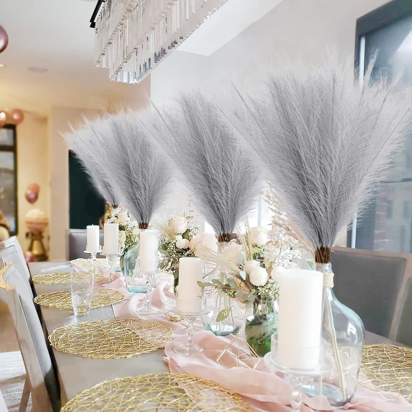 50pcs Faux Pampas Grass Grey, 21.6" Short Artificial Pompous Grass Floral Fake Pompas Grass Branches Vase Filler Flower Arrangement for Home Wedding Boho Decor