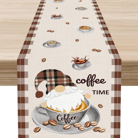 Coffee Time Table Runner, Farmhouse Retro Gnome Coffee Cup Tea Party Cafe Table Center Decor for Home Kitchen Dining Patio Holiday Party Indoor Outdoor Table Decorations,13"x90" Inch