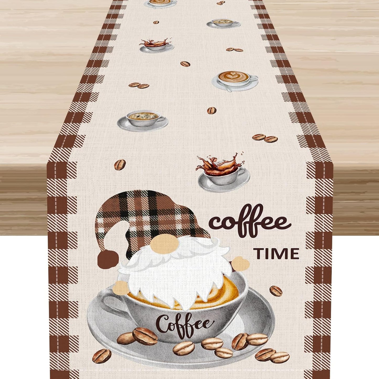Coffee Time Table Runner, Farmhouse Retro Gnome Coffee Cup Tea Party Cafe Table Center Decor for Home Kitchen Dining Patio Holiday Party Indoor Outdoor Table Decorations,13"x36" Inch