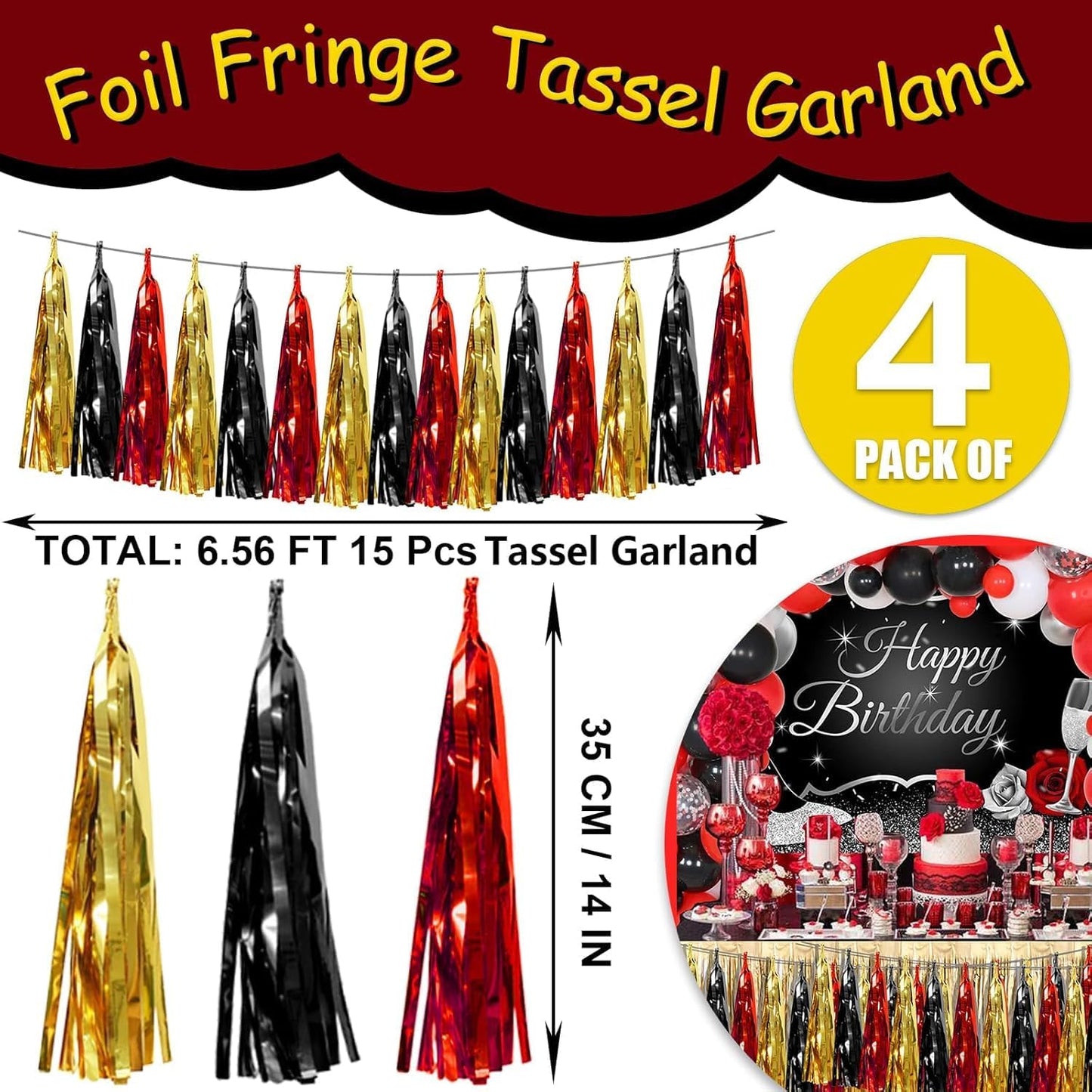 4P Red-Black Gold Foil Fringe Tassel Banner Garland Metallic Tinsel Streamers Wall Hanging Curtain Backdrop Banners for Parade Floats, 2025 Graduation Decorations, Baby Bridal Shower Party Decoration