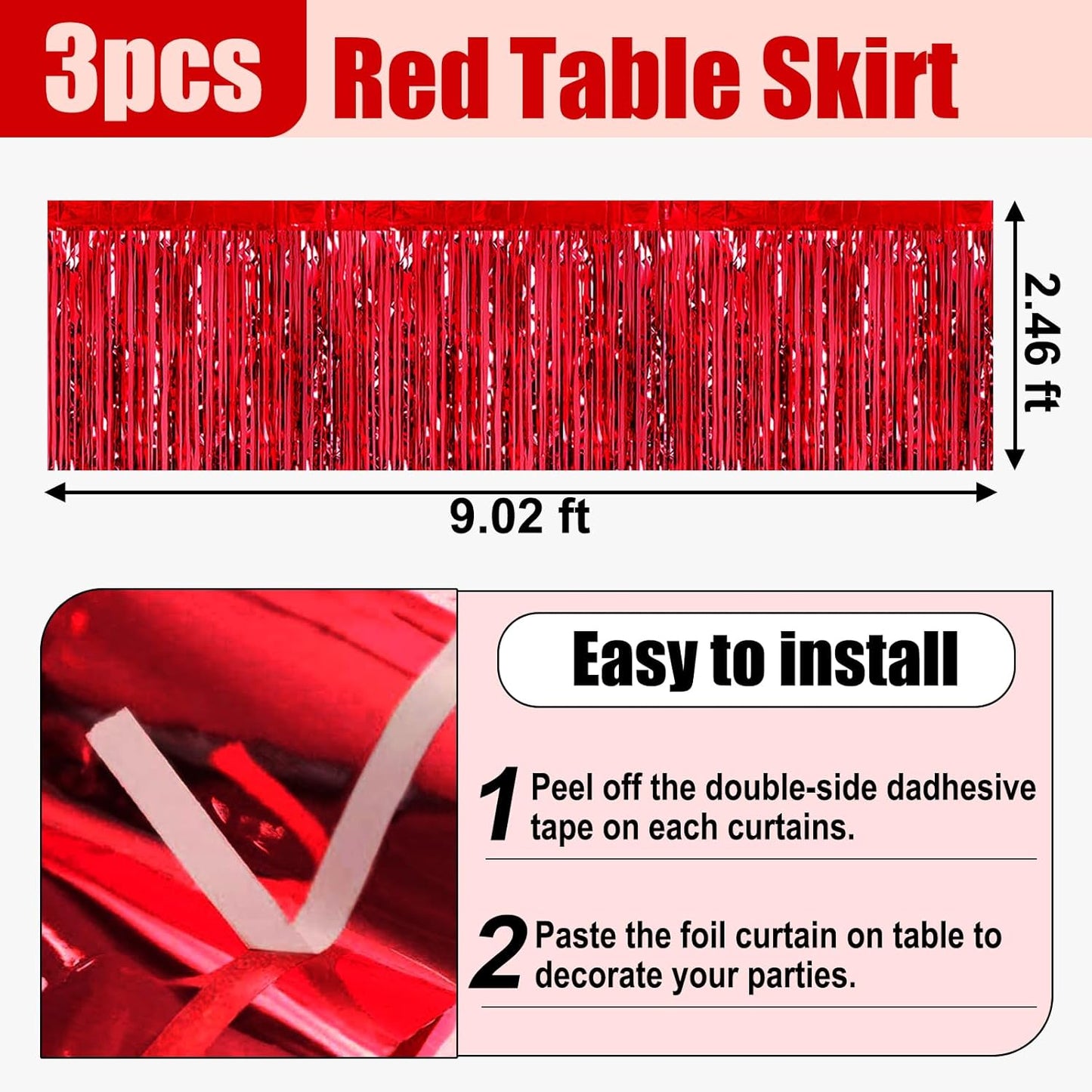 3 Pack 29x108 Inch Red Foil Fringe Table Skirts Metallic Banner for Tinsel Streamer Garland Backdrop for Parade Floats Wedding Thanksgiving Birthday Christmas Halloween Party Decoration