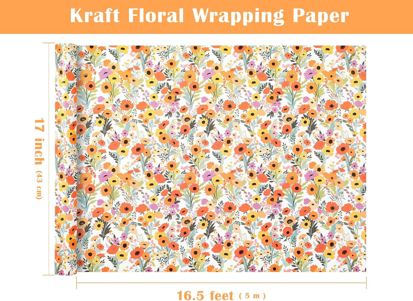 WRAPAHOLIC Kraft Floral Wrapping Paper Roll - Mini Roll - 17 Inch x 16.5 Feet - Bright Summer Flower Wrapping Paper, Perfect for Wedding, Birthday, Bridal Shower, Tea Party