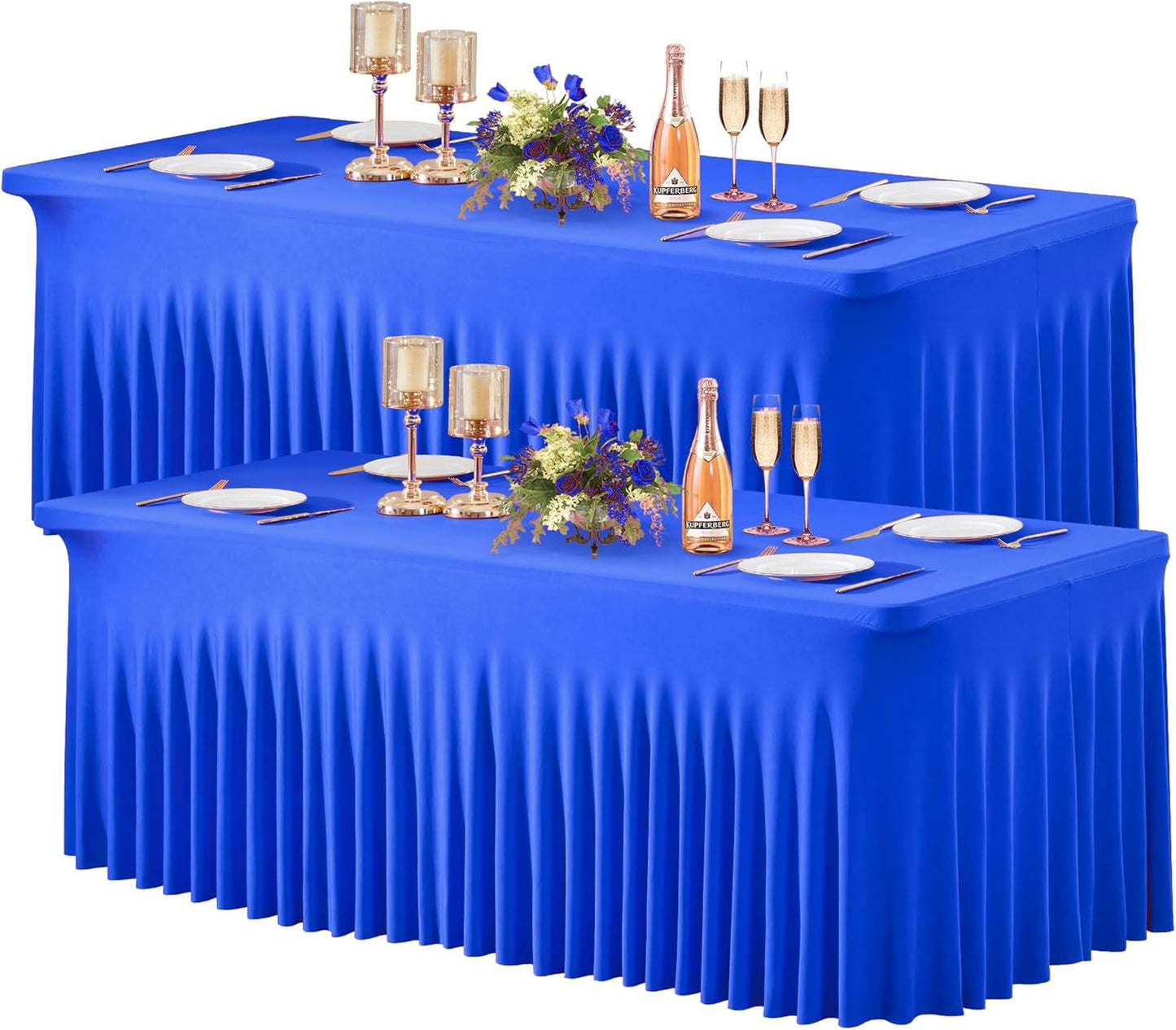 Wish Care 2 Pack Royal Blue Spandex Table Clothes for 8 Foot Rectangle Tables, 8FT Wrinkle Free Fitted Tablecloths Ruffles Design Table Cloth for Party, Banquet, Wedding and Events