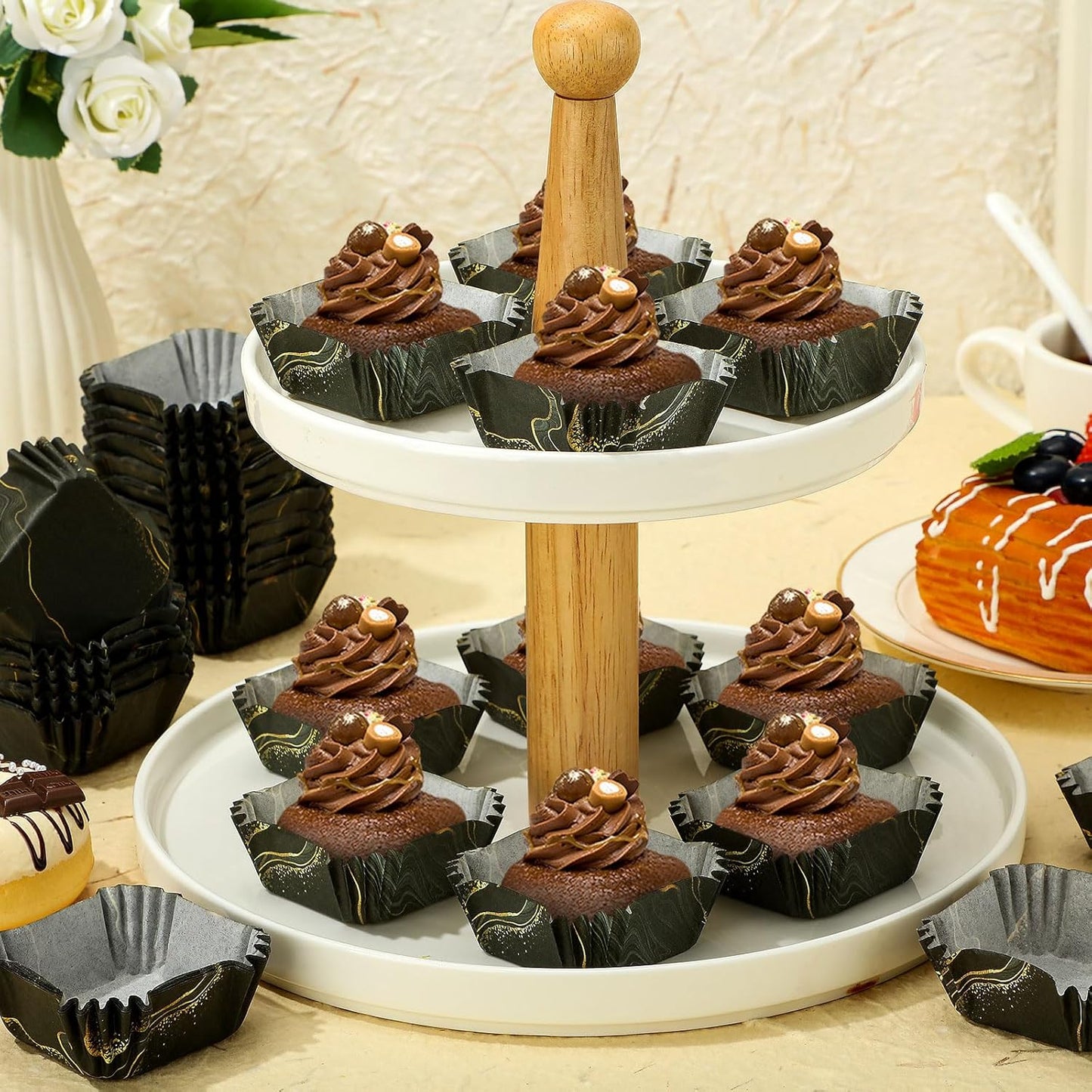 Tanlade 350 Pcs Square Mini Cupcake Liners Disposable Brownie Baking Pan Liners 1.77 Inch Paper Baking Cup for Cup and Cupcakes Party Supplies for Weddings Birthdays Bridal Showers(Black Marble)