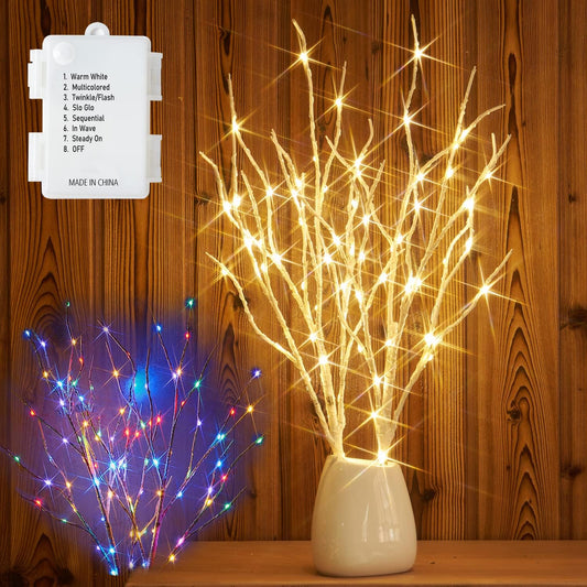 Fudios Lighted Birch Branches with 70 Multicolor LED Fairy Lights 18in Battery Operated, Lit White Twig Branches Color Changing Lights for Christmas Party Decoration