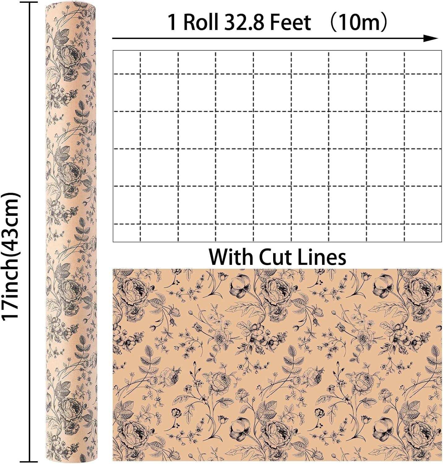 Ulmasinn Kraft Floral Wrapping Paper Roll - 17 Inches x 33 Feet - Vintage Black Floral Design with Cut Lines for Upscale Gifts, Birthday, Bridal Shower, Wedding, Mother’s Day, Valentine's Day