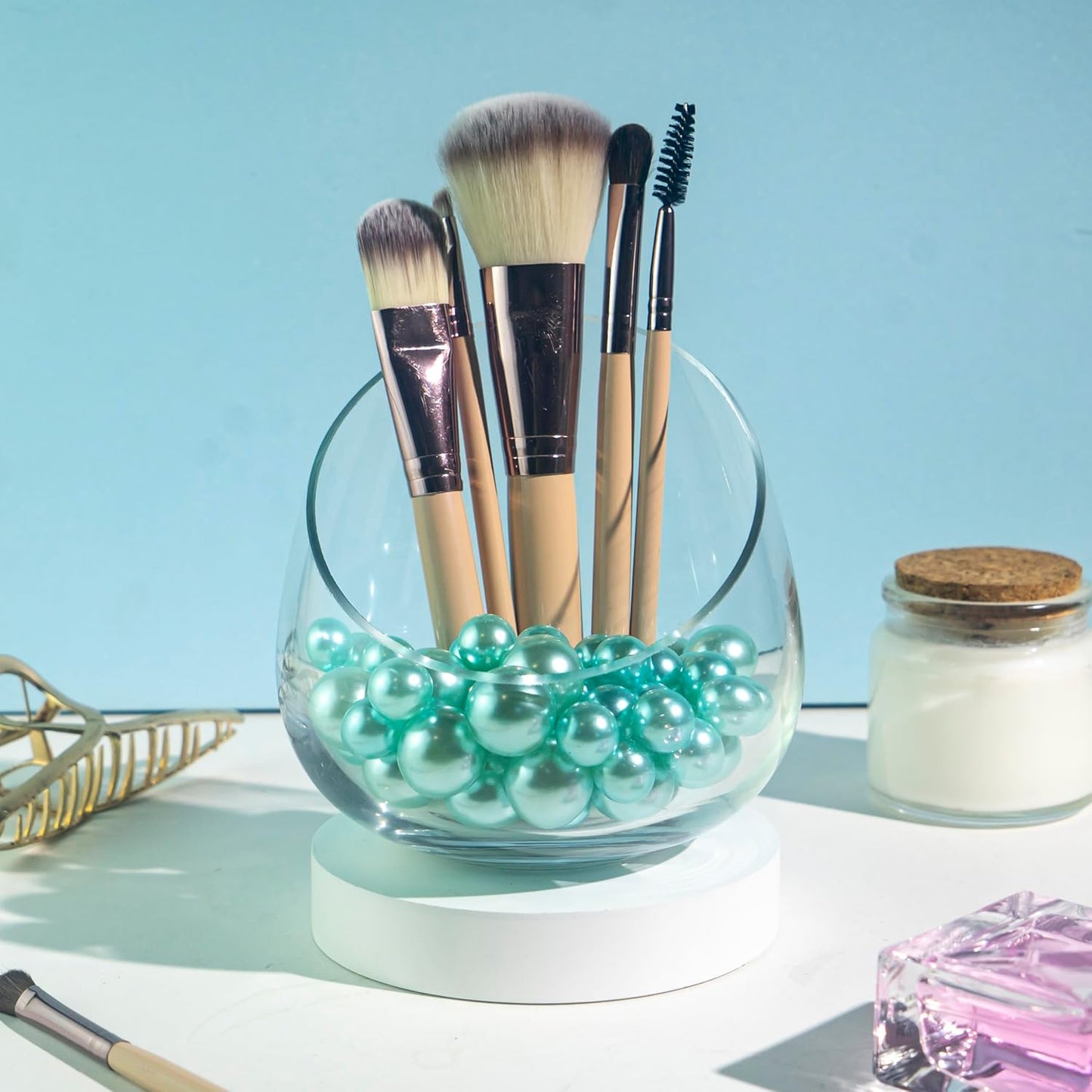 120 PCS 8/14/20mm No Hole Polish Pearl Beads for Centerpiece, Lake Blue Beads Decorative Vase Fillers, Plastics Pearls for Vases, Table Scatters, Wedding Party Decor