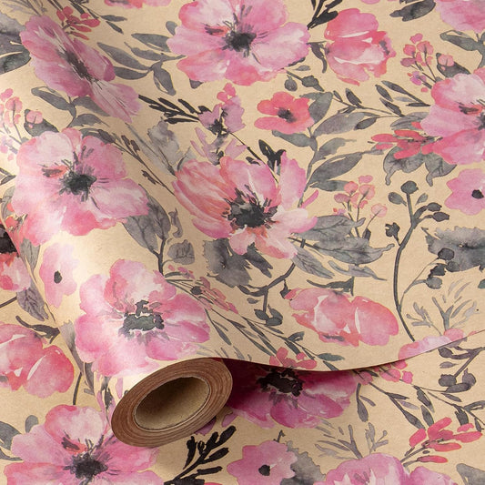 RUSPEPA Pink Wrapping Paper Roll, 17 in x 16.4 ft, Mini Roll, Floral Wrapping Paper, Kraft Gift Flower Paper for Women, Girls, Spring, Summer, Wedding and Engagement