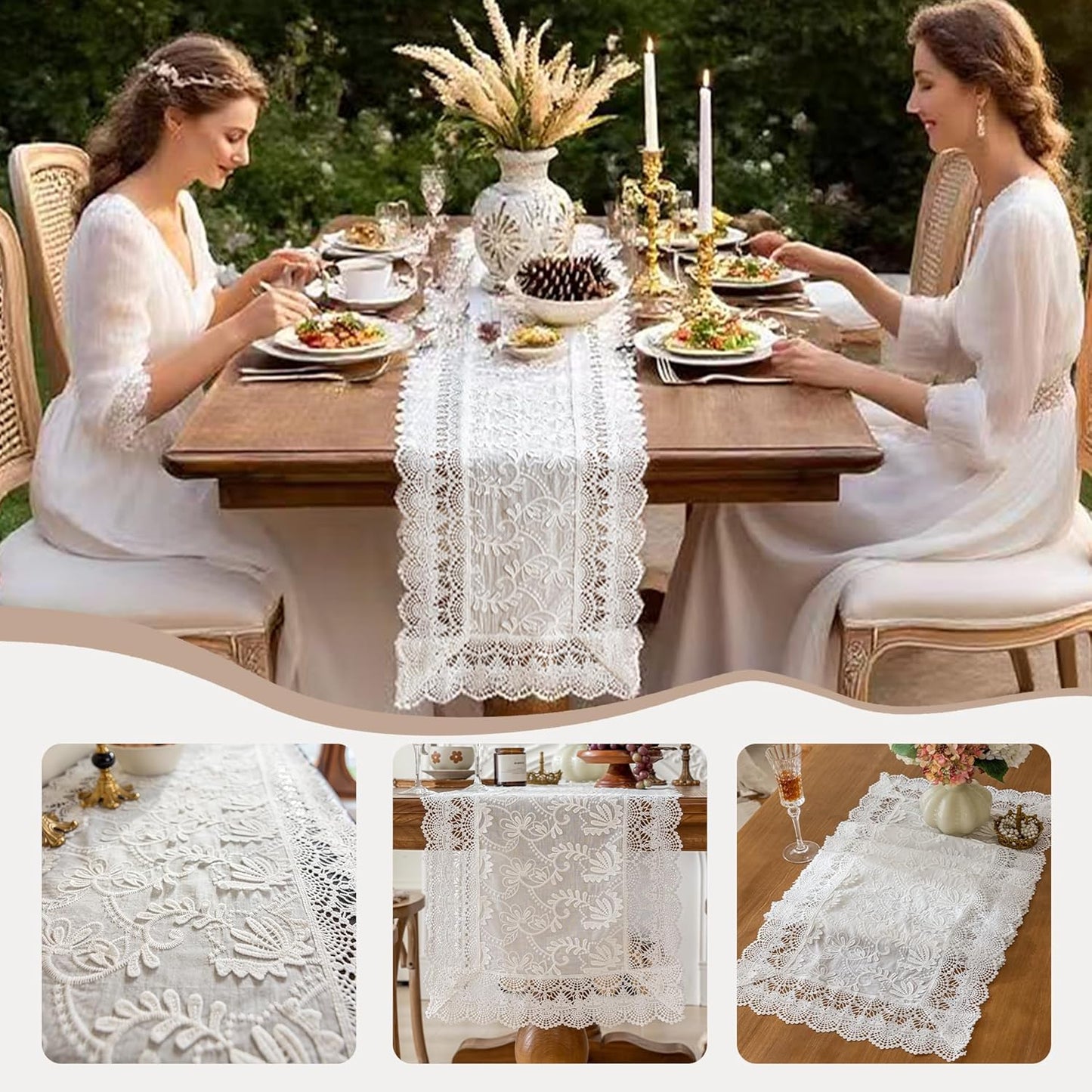 White Elegant Vintage Lace Table Runner,Wedding Lace Decor with Floral Embroidery,Tea Party Decor (White, 13.8X71 Inches)