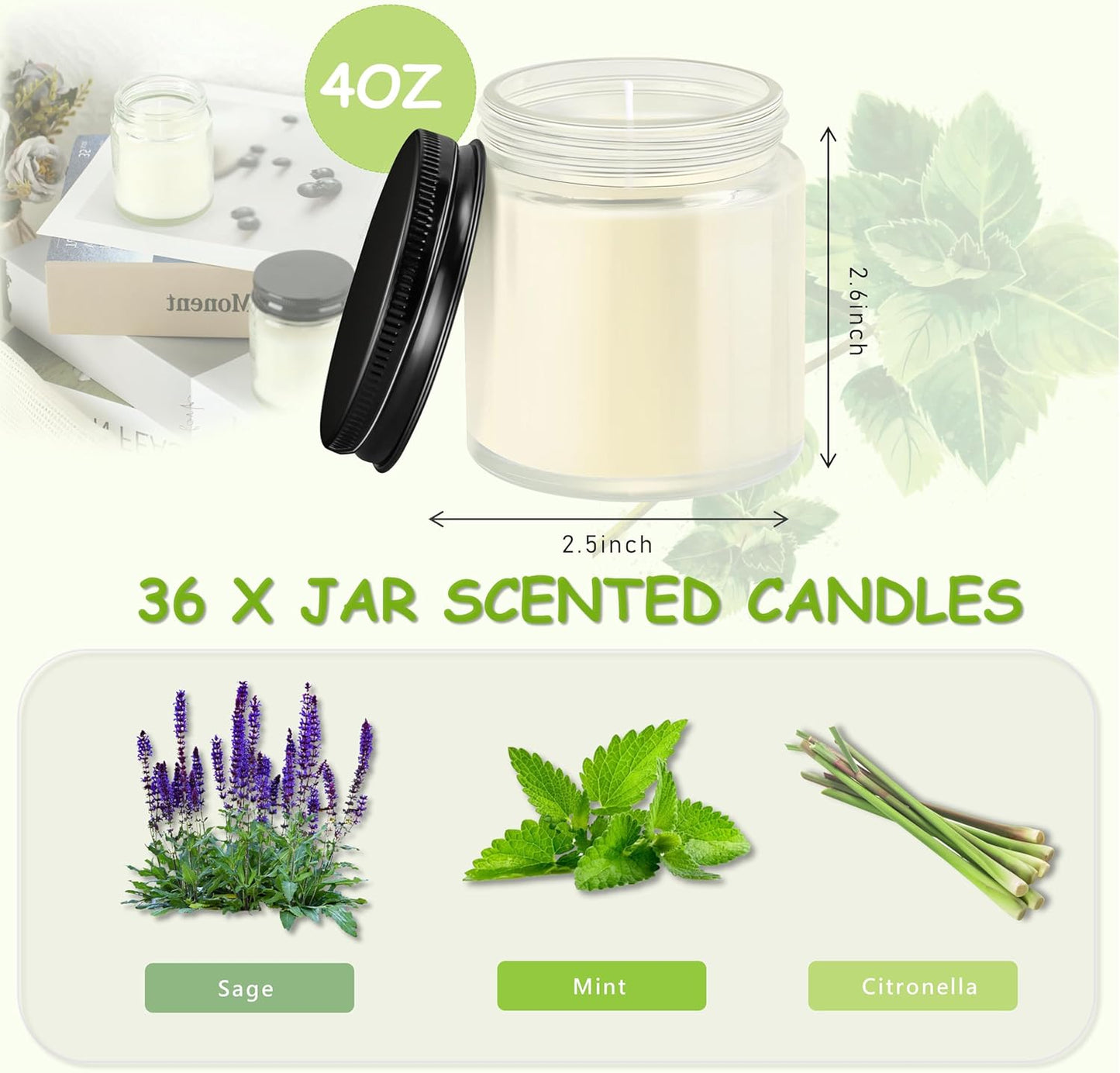ACITHGL 36 Pcs 4oz Mini Mason Jar Candles Small Scented Candles Bulk Aromatherapy Ideal Souvenir Favors for Wedding Birthday Party (Sage, Mint, Citronella, Black)