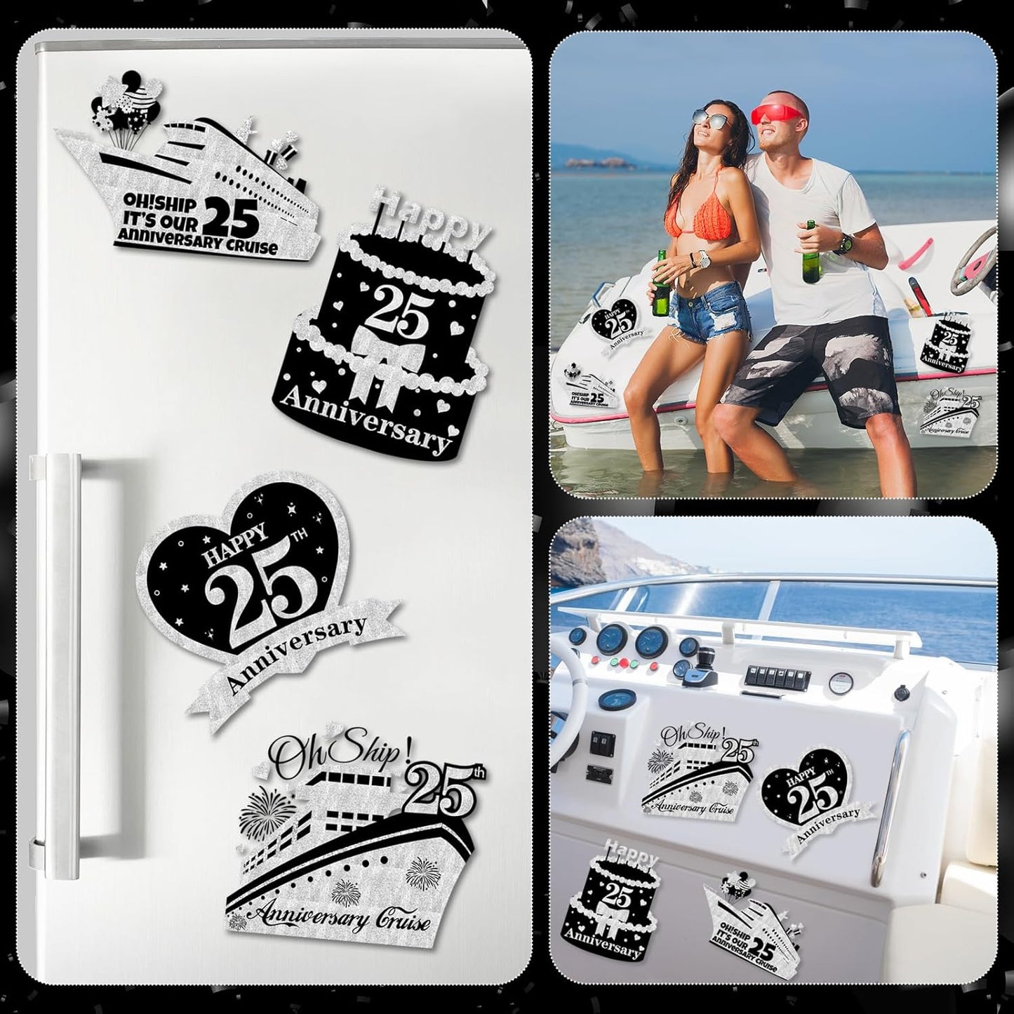 4 PCS Large 25th Anniversary Cruise Door Magnets Decorations Happy 25th Anniversary Cruise Ship Door Decor Magnetic Wedding Magnets Garage Refrigerator Car Magnets for Cabin Stateroom (Black Silver)