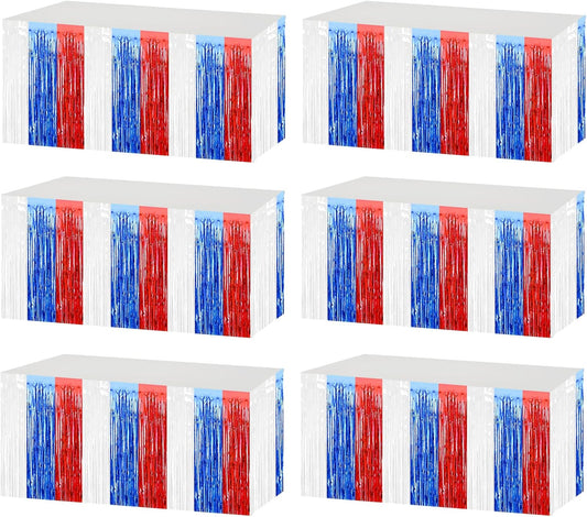 6 Pack 29x108 Inch Red Blue White Metallic Foil Fringe Tinsel Table Skirts for Rectangle Tables Streamer Curtains Backdrop for Wedding, Birthday, Parade Floats, Independence Day Party Decoration
