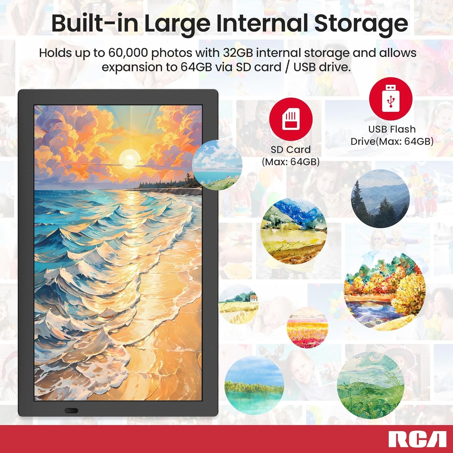 RCA 21.5" Large WiFi Digital Picture Frame Electric Uhale Frames with Remote Control 32GB Memory, 1920 X 1080P FHD IPS No Touch Screen, Support Wall Mount, Auto Rotate, Instantly Share Photos Videos