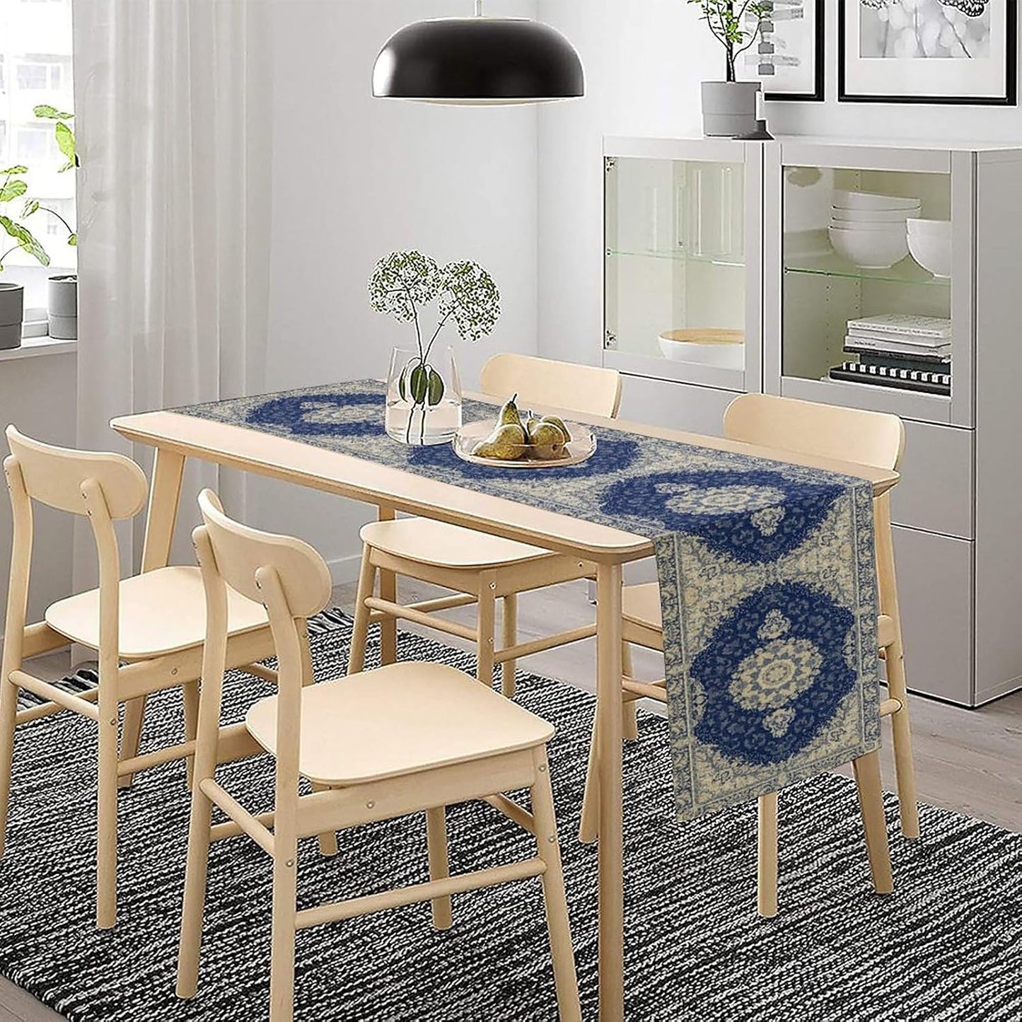 Boho Bohemia Style Dark Blue Table Runner, Country Rustic Farmhouse Magical Abstract Print Pattern for Home Kitchen Table Decor Dining Coffee Room Garden Party Decor 13x60in