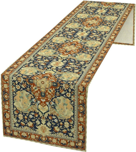 Vintage Boho Floral Table Runner, Elegant Luxurious Rustic Country Farmhouse Navy Blue Gold Retro Flower Pattern for Home Kitchen Table Decor Dining Coffee Room Party Decor 13x108in