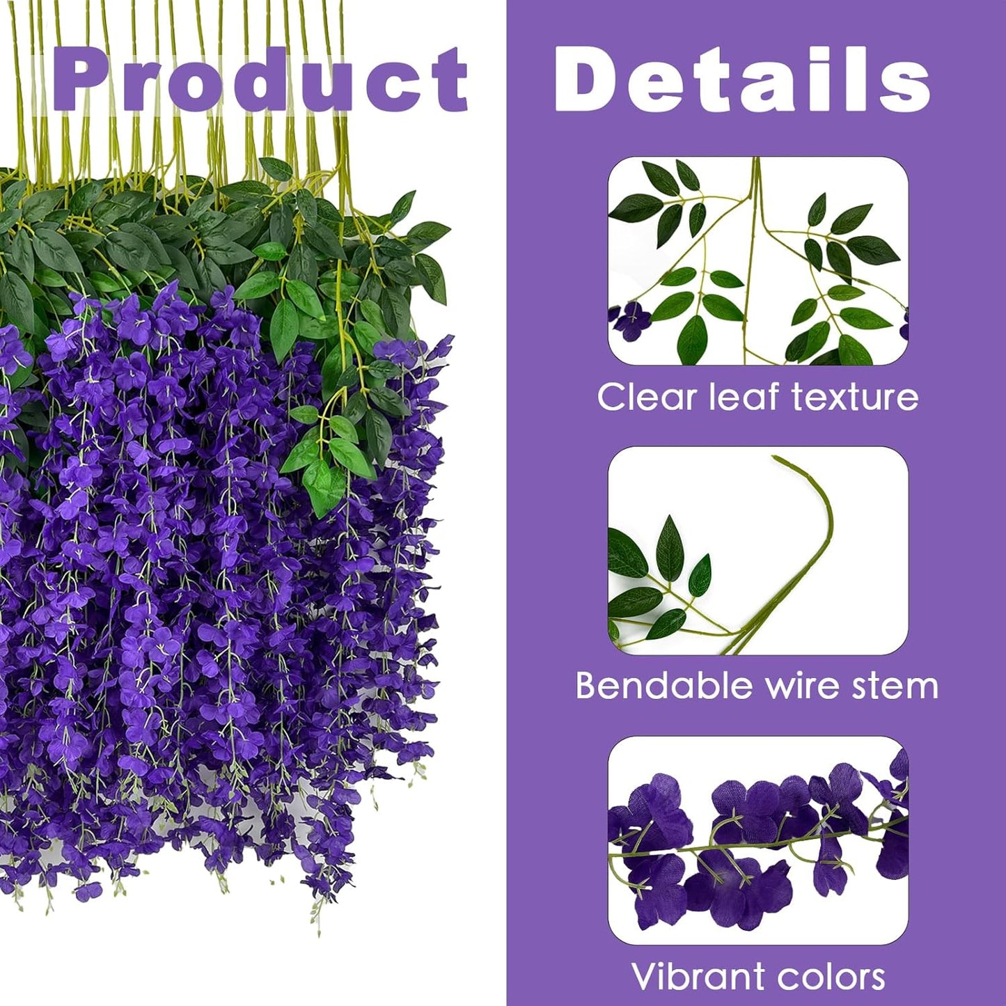 24 Pcs of Wisteria Hanging Flowers, 3.75 Feet Fake Wisteria Flower Strings, Artificial Wisteria Flowers Hanging Garland for Backdrop, Wedding, Ceremony,Garden and Home Wall Decoration (Dark Purple)