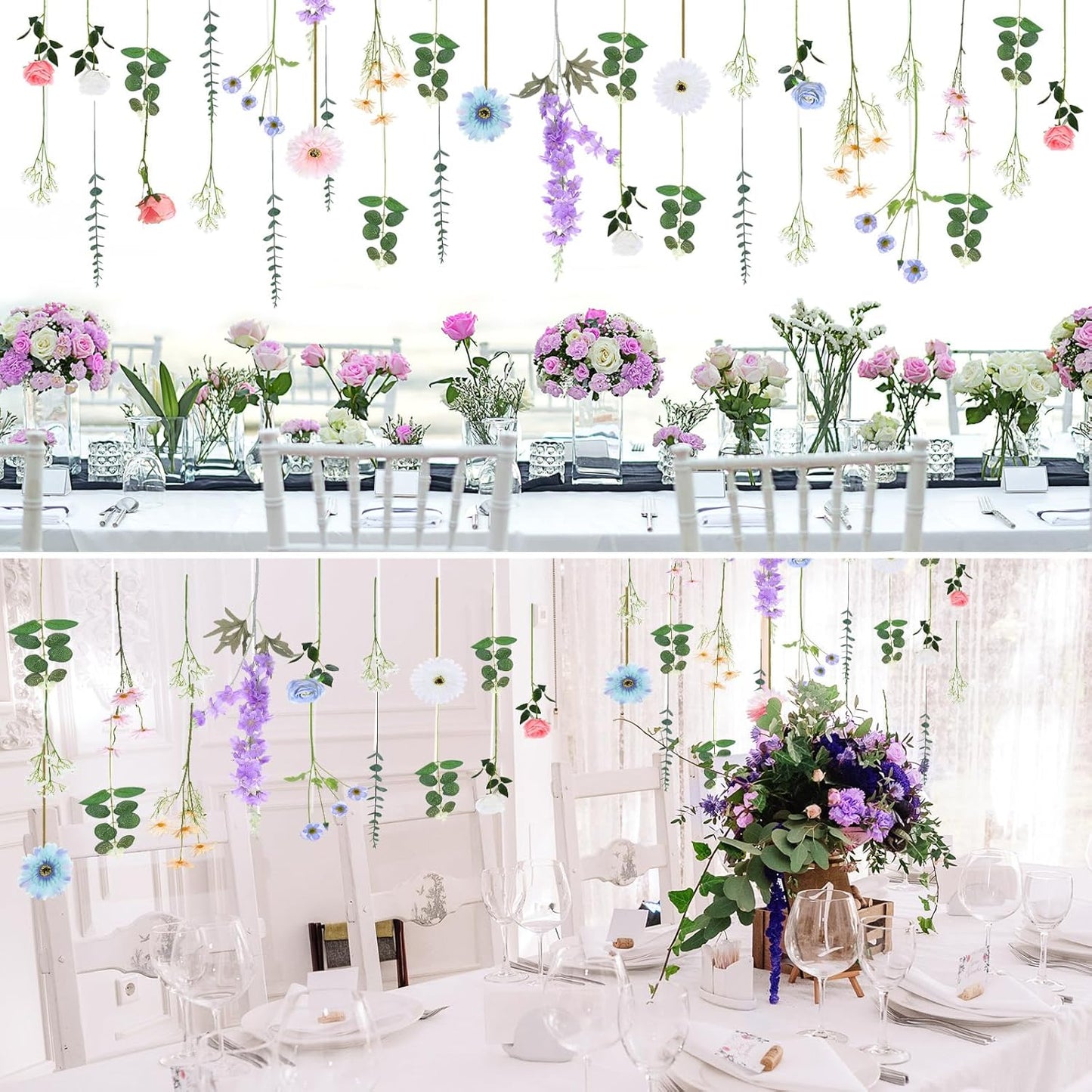 Hoteam 26 Pcs Pcs DIY Flower Garland Artificial Hanging Wildflower Backdrop Set Fake Rose Eucalyptus Daisy Poppy Wild Flower Decor for Wedding Party Birthday Home Garden (White,Blue,Pink)