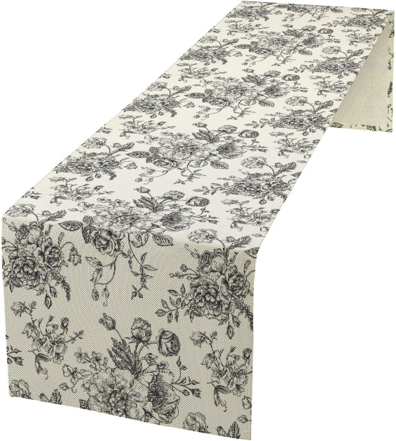 Vintage Flower Table Runner, Black White Wildfloral Floral Sketch Print Kitchen Dinning Table Runner for Indoor Outdoor Home Wedding Party Holiday, 13x108 Inch