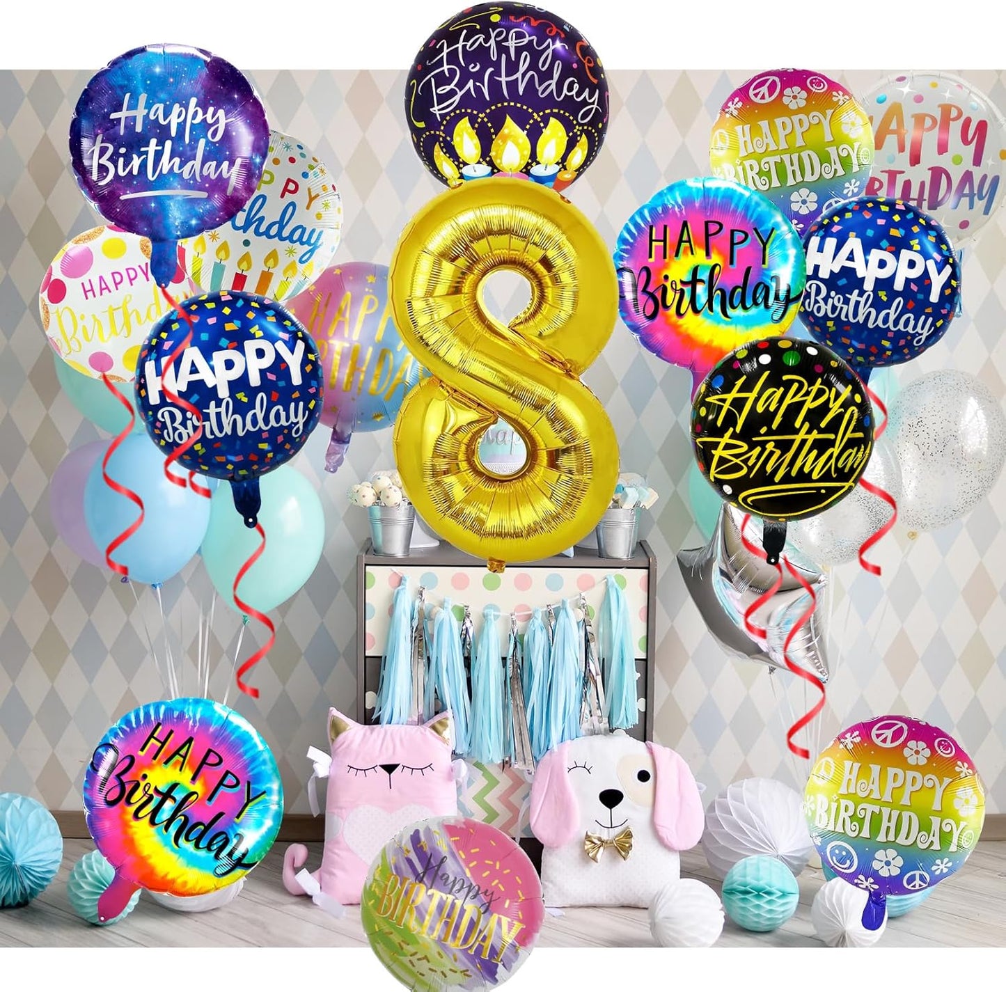 50 Pcs Happy Birthday Party Aluminum Foil Balloons and 8th Birthday Balloons, 18 Inch Round Aluminum Foil Balloon with" Happy Birthday" Sign, Birthday Party Decorations for Boys/Girls(Yellow, 8)