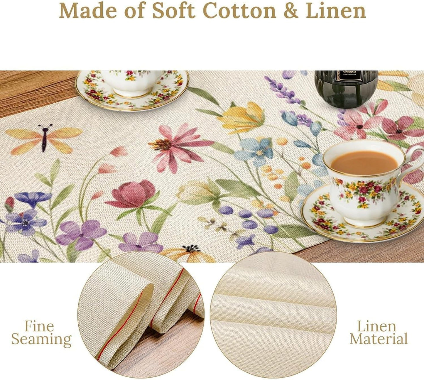 Watercolor Floral Table Runner, Colorful Spring Summer Nature Flower Dragonfly Pattern Print Table Runner for Kitchen Dinning Table Runner Decor Home Wedding Party Holiday, 13x36 Inch