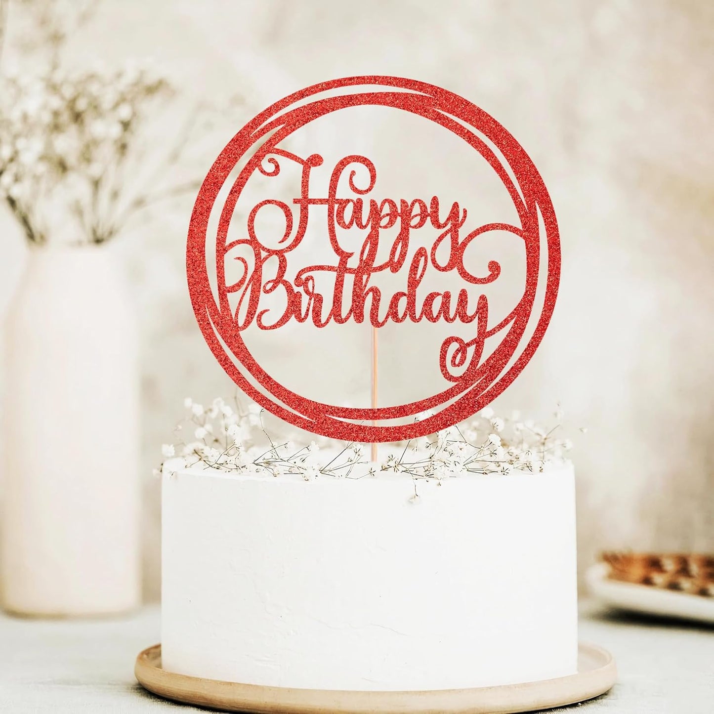 Happy Birthday Cake Topper - Red Glitter Happy Birthday Cake Decoration Supplies for Children or Adults - Happy Birthday Cake Bunting Decor, Photo Booth Props