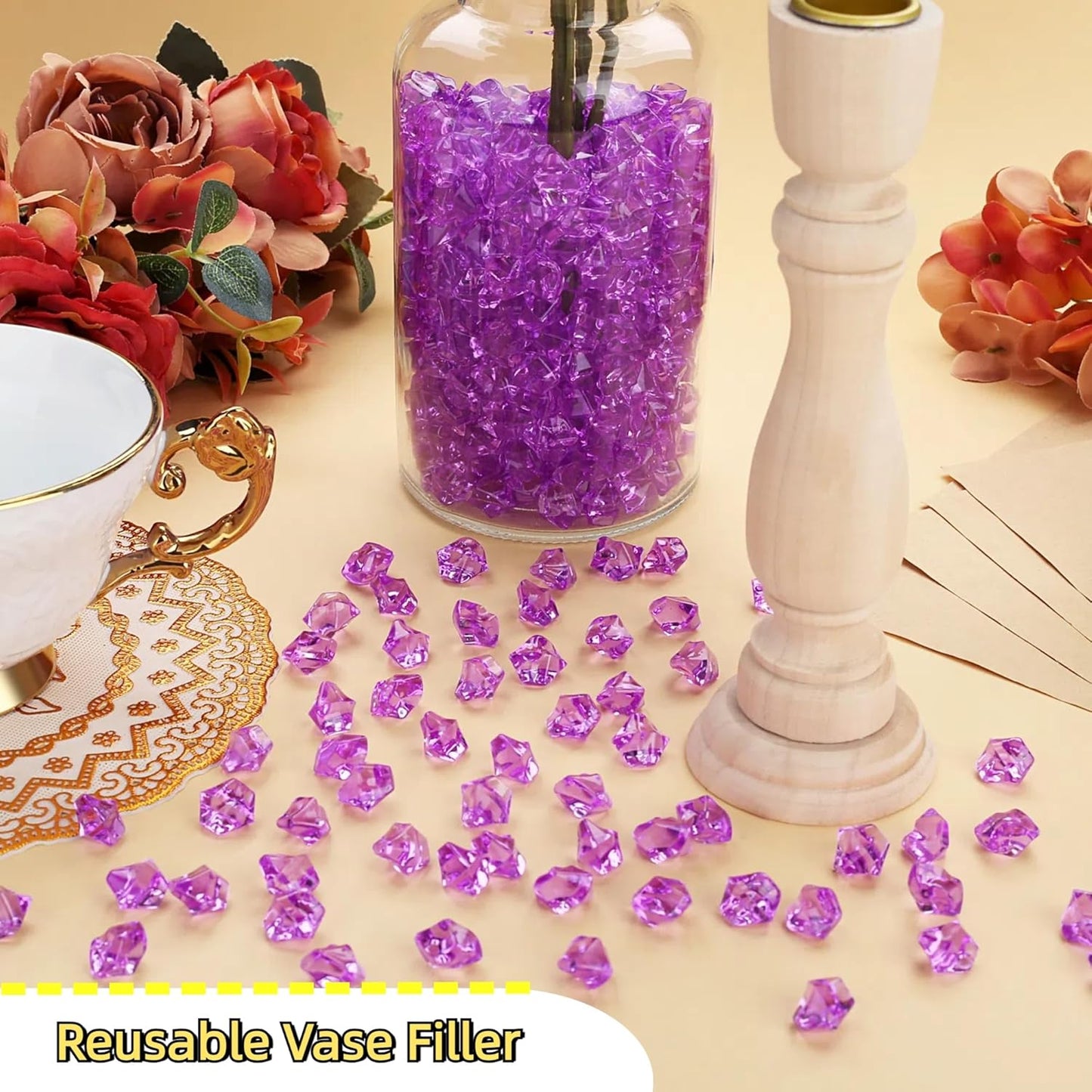 YATOJUZI 500pcs Fake Ice Cubes Purple Acrylic Crushed Rocks Vase Fillers Plastic Diamonds Gems for DIY Party Wedding Centerpiece Table Scatter Prop Display 0.5" (Only Purple)