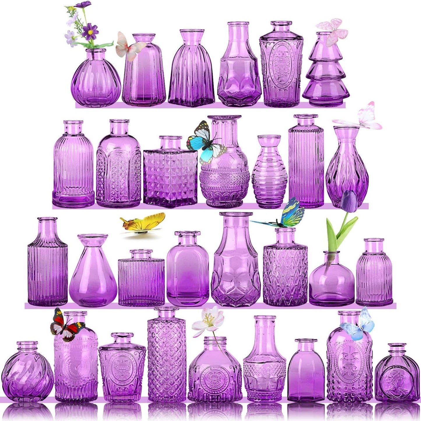 Mini Glass Bud Vases,Versatile Small Bud vases for Home and Wedding Decor, Exquisite Bridal Shower Table Centerpieces,Aromatherapy Bottles,Candle Holder, Ideal of Gifts(Pack of 30,Purple)