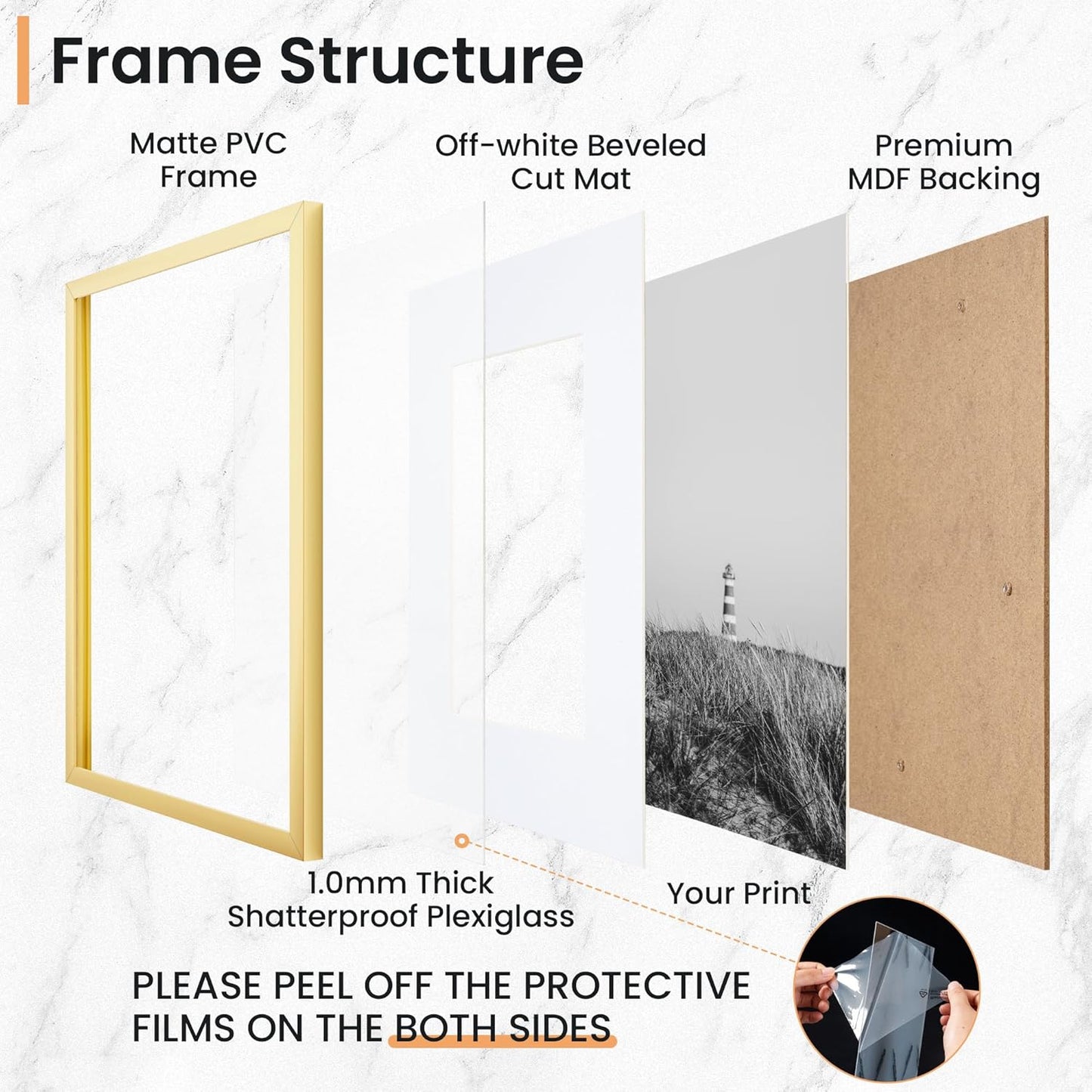 18x24 inch Picture Frame, 18x24 Photo Frames with 16x20 Removable Mat - High Definition Plexiglass - Vertical and Horizontal Display - Wall Hanging Poster Frame - Gold, 5 Pack