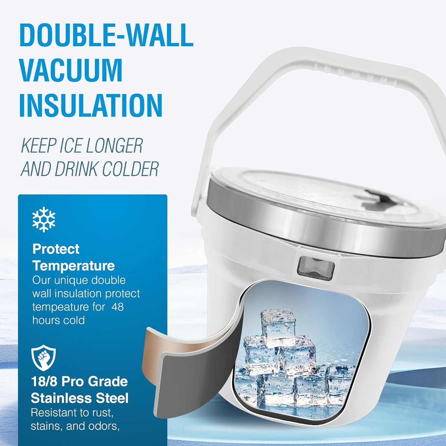 Insulated Ice Bucket with Lid & Scoop-XL Double-Walled, bar Essentials for Entertaining, Holiday Party, Stainless Steel Wine Chiller, Beverage Tub with Handle, Bottle Opener, Great Gift(White)