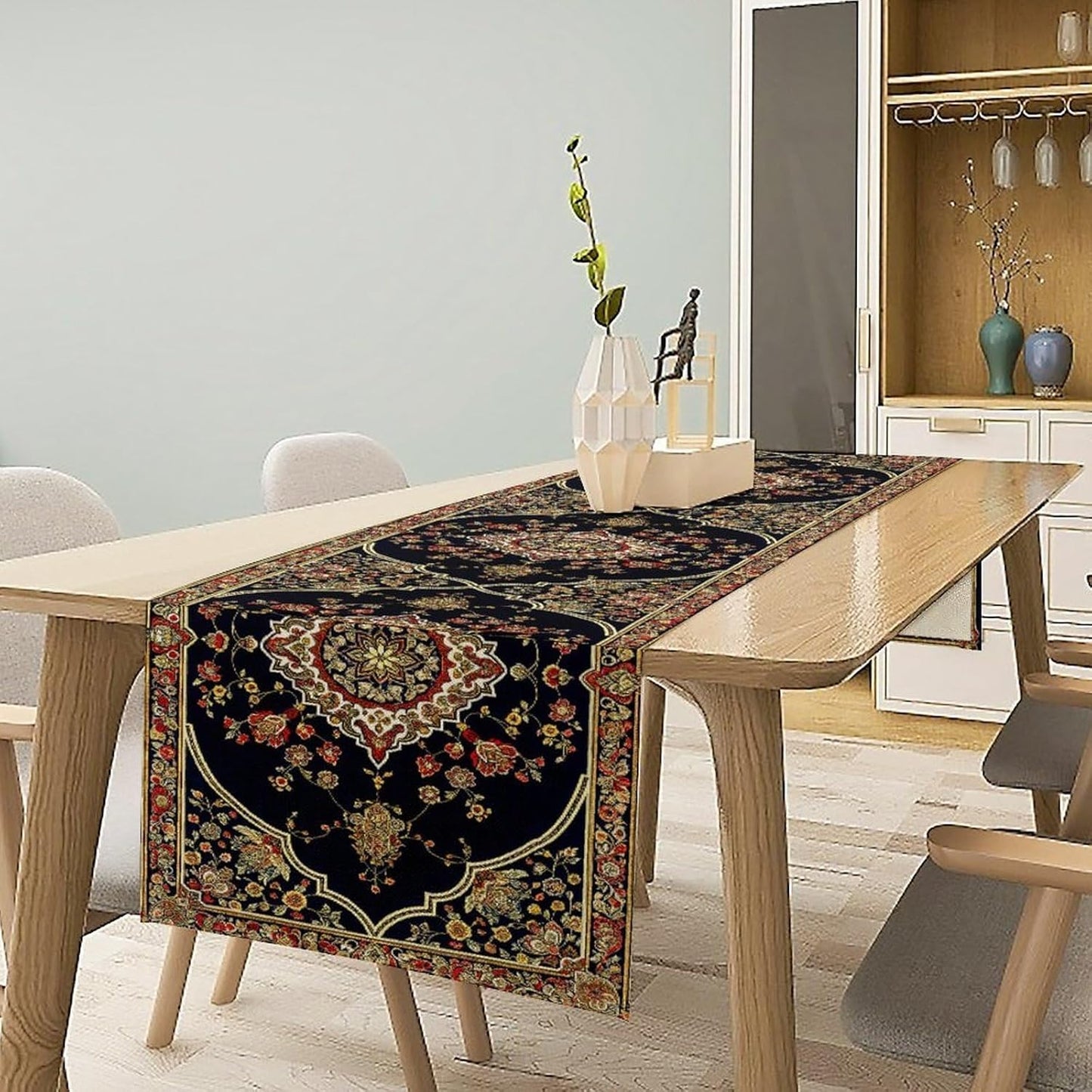 Vintage Boho Floral Table Runner, Rustic Country Farmhouse Black Bohemia Flower Pattern for Home Kitchen Table Decor Dining Cafe Room Wedding Party Decor 13x36in