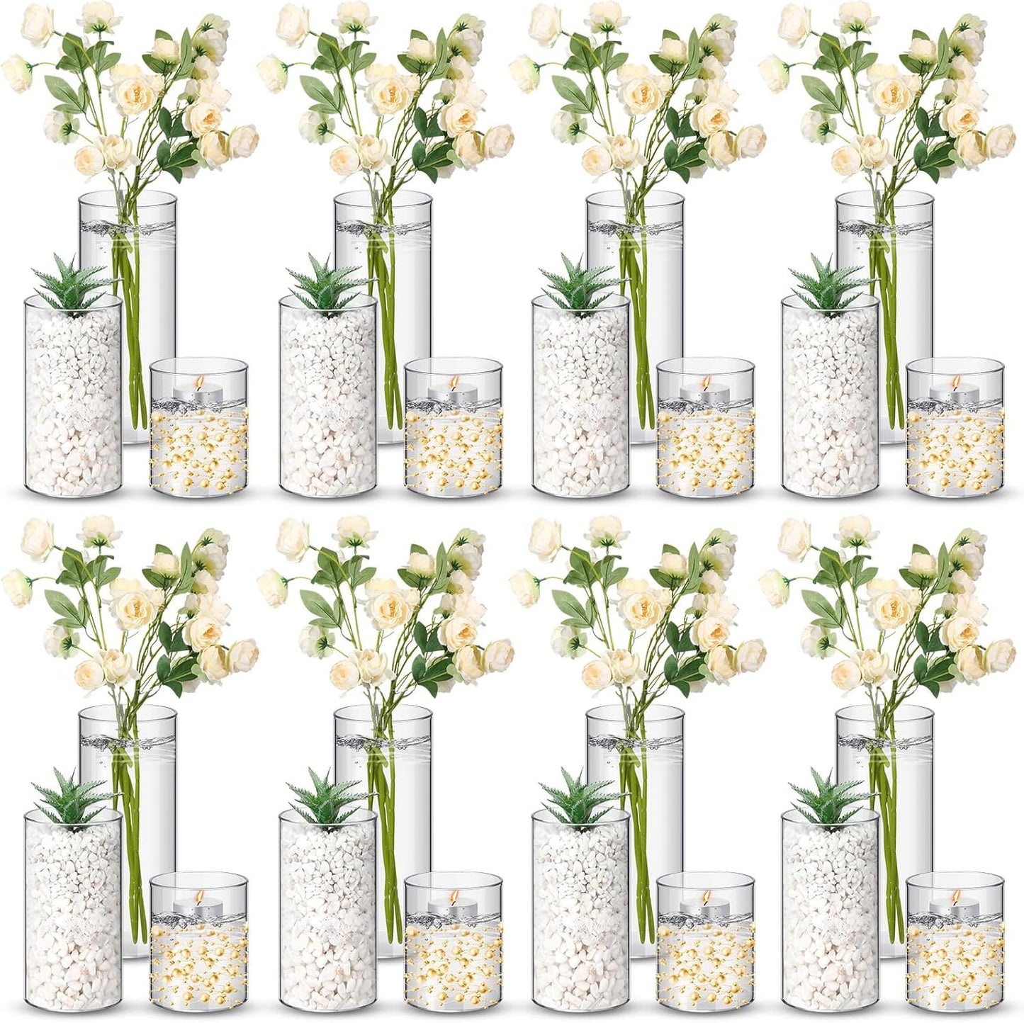 Nuogo 24 Pcs Plastic Cylinder Vases Tall Clear Flower Vases for Centerpieces Hurricane Candle Holder for Home Wedding Office Party Formal Dinners Decorations (4''/6''/8'')