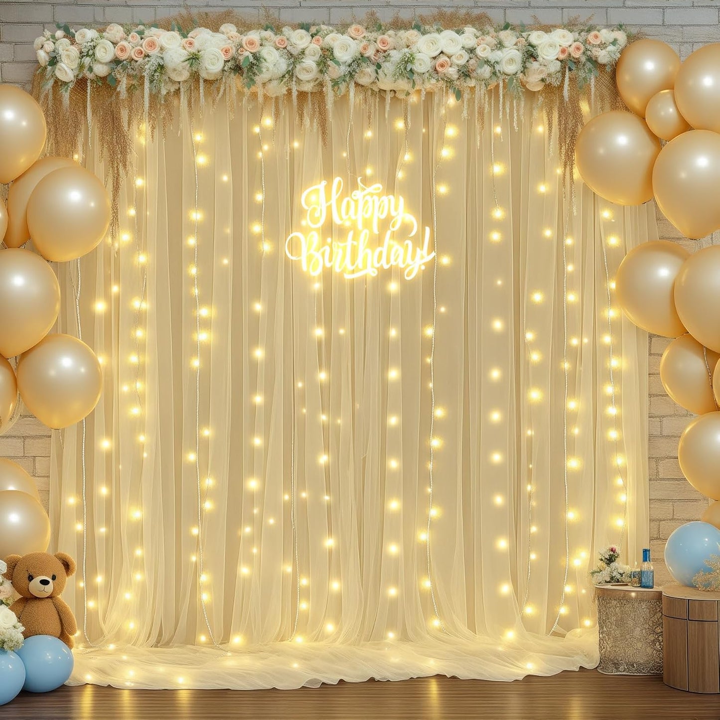 20x8ft Champagne Tulle Backdrop Curtains with Lights for Party Wedding Baby Shower, Sheer Drape Backdrop Curtains for Birthday Party Photo Booth Background Decoration