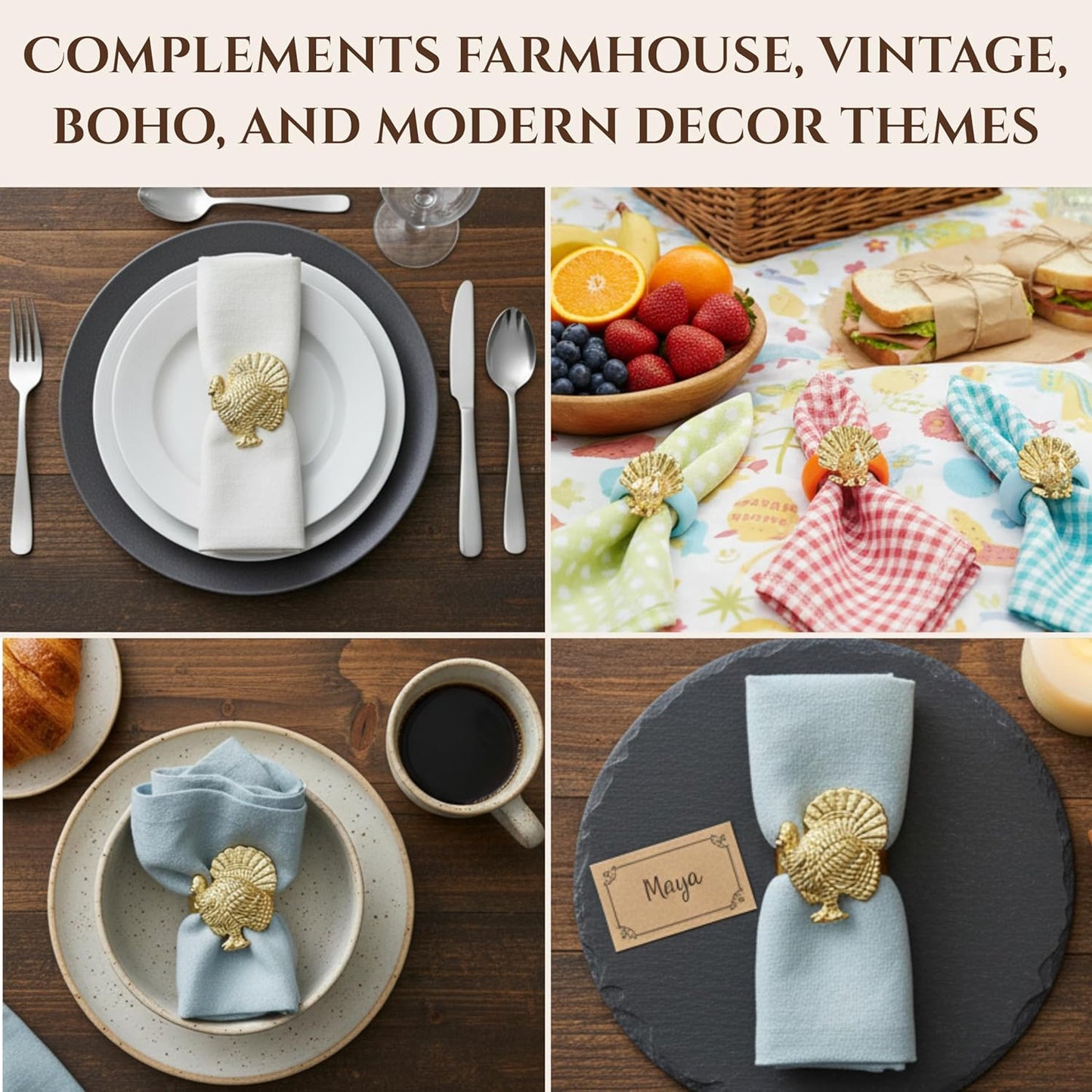 Set of 12 Turkey Napkin Rings for Thanksgiving Table Decor | Premium Metal Dinnerware Holders | Fall Harvest, Christmas & Holiday Banquet Accessories (Gold) - ALPHA Living HOME