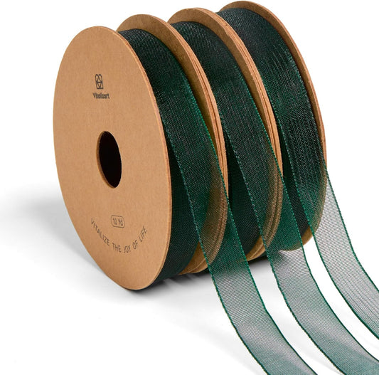 Vitalizart 3/8" x 30Yd Organza Ribbon Christmas Green Sheer Ribbons Set 10 Yd x 3 Rolls Handmade Eco-Friendly for Gift Wrapping Christmas Tree Crafts Bows Wedding Invitations Wreaths Wrap