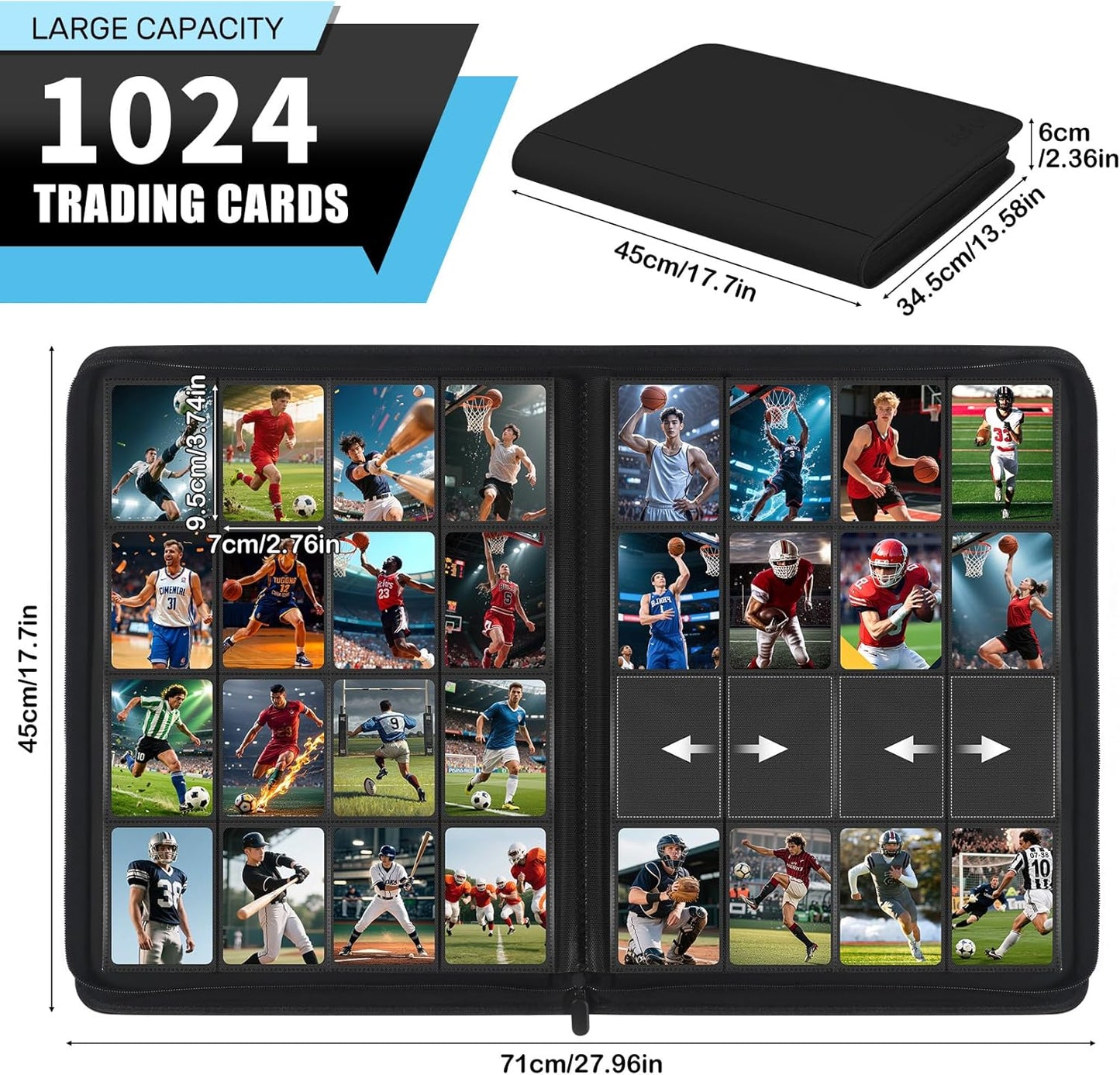 1000+ Pockets Trading Card Binder, 16 Pockets Zipper Binder Card Album, 32 Pack Double-sided Side Loading Non-Ring Card Binder, Card Holder Folders for MTG, TCG, Game Cards & Sports Cards, Black