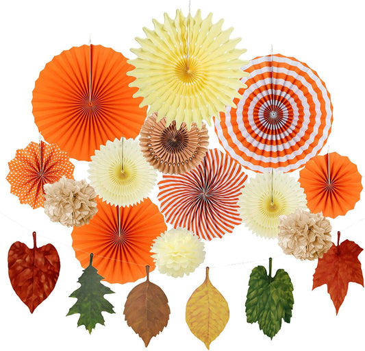Easy Joy 14 Pcs Fall Party Decorations, Orange Hanging Paper Fans Autumn Paper Pompoms Lanterns Maple Leaves Bunting Garlands for Thanksgiving Celebration, Birthday Decor