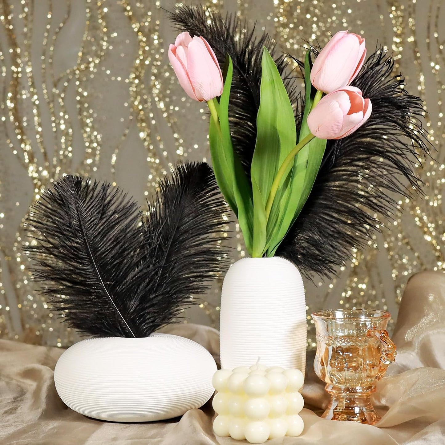 FANDAMEI Black Ostrich Feathers, 12 Pcs Black Feathers, 10-12 inch (25-30 cm), Feathers for Crafting, Craft Feathers for Centerpieces Table Decorations, Home Decorations, Black Party Decorations