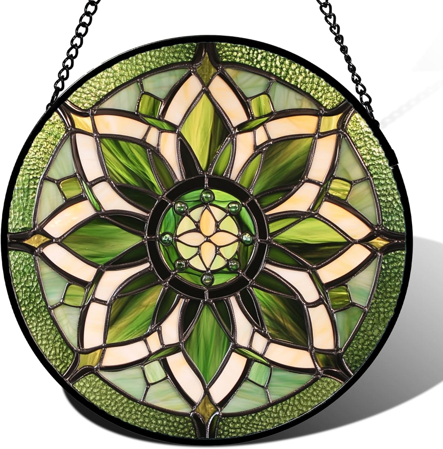 Stained Glass Window Hanging - White Green Boho Flower Suncatcher for Doors Window Home Sun Catchers Decor Christmas Mother's Day Birthday Gifts for Teacher Women Men Mom Nana 6.3 in