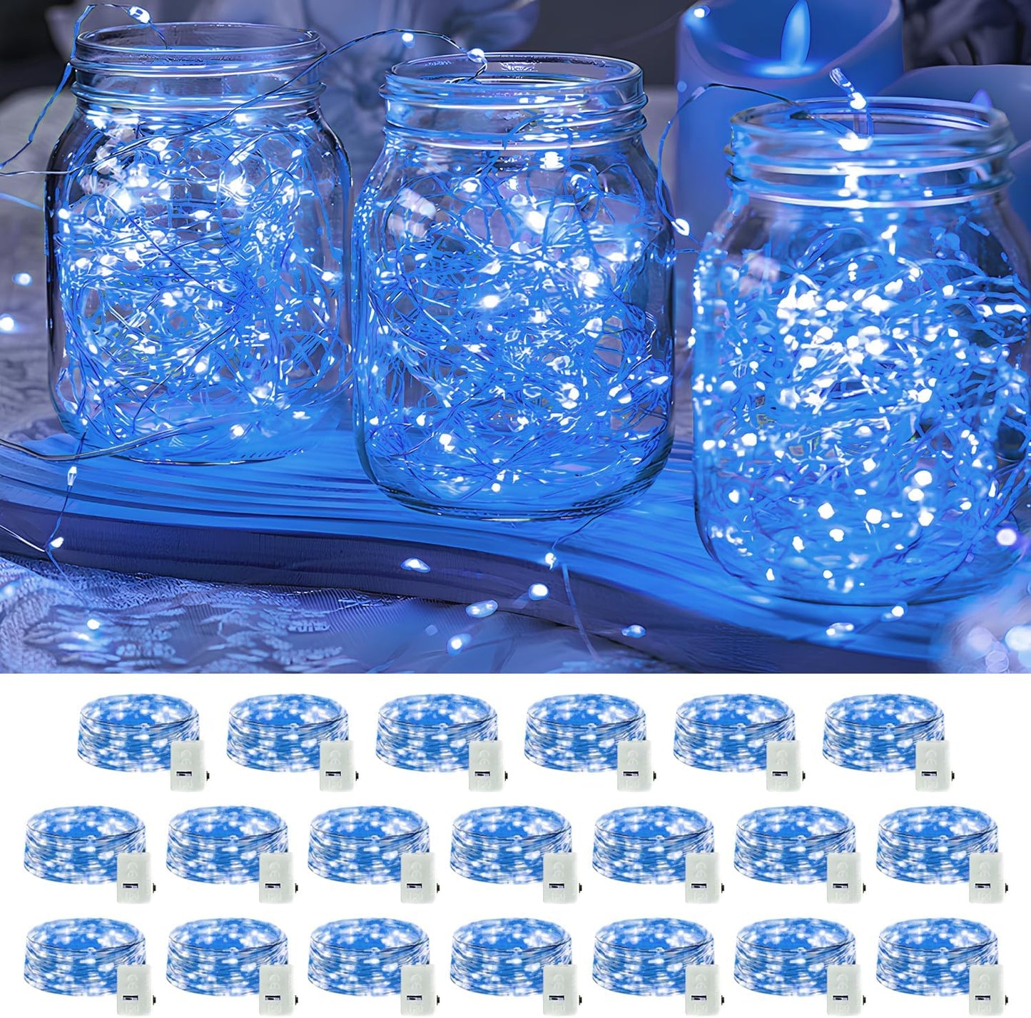 20 Pack LED Fairy Lights Battery Operated,3 Features Blinking Slowly Blinking & just on 7FT 20 LED Waterproof Mini Twinkle String Lights for Wedding Mason Jars Party Christmas Decorations,Blue