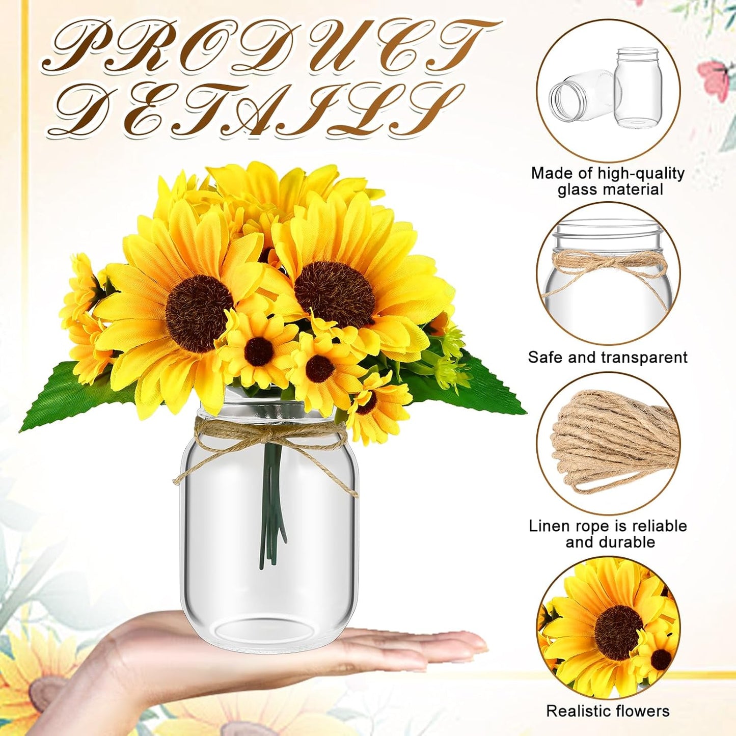 6 Set Centerpiece Table Decorations Mason Jar Table Centerpiece with Flower Mason Jar Wedding Centerpieces Vases Decor for Reception Engagement Party Bridal Shower (Sunflower)