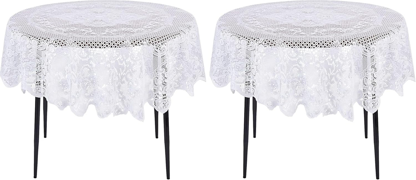 Juvale Round Lace Tablecloth - 59-Inch White Polyester - Scalloped Edge Circle Tablecloth with Floral Overlay & Vintage Decor for Wedding Receptions & Home (Pack of 2)